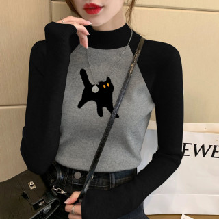 黑色大码打底衫T恤女装洋气时尚正肩修身显瘦上衣新款t恤女款长袖