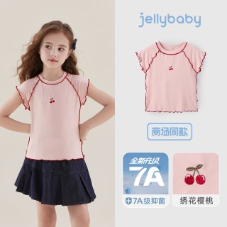 jellybaby 大童短袖八岁休闲女童撞色T恤儿童花边飞袖上衣透气宝宝衣服夏季
