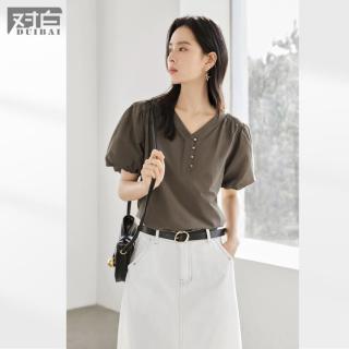 DUIBAI 女式短袖衬衫 夏装简约V领空气感泡泡袖