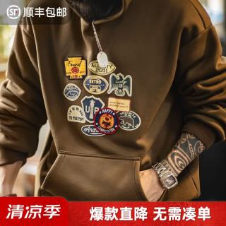 马登 工装徽章刺绣摇粒绒连帽卫衣男美式休闲宽松外套男士冬加绒上衣 咖色 L