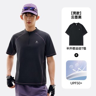 探拓 户外速干T恤男短袖防晒UPF50抗菌轻薄透气半开衫运动跑步上衣 云墨黑 L