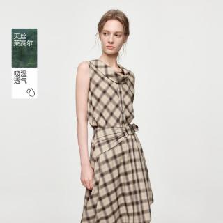 ELLE 复古格纹捏褶无袖衬衫2026秋季新款法式优雅风天丝女式衬衣