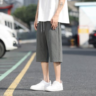 月伊纺 棉麻七分裤男士宽松直筒休闲短裤青年100%纯棉大裤衩肥佬裤子男裤