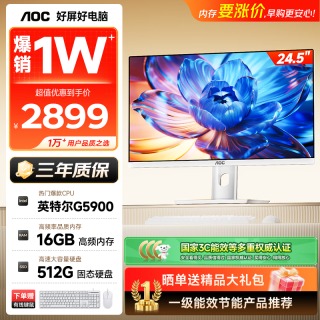 AOC 一体机电脑 24.5英寸高清高刷旗舰智能AI学习商用办公家用台式主机(G5900 16G 512G WiFi 键鼠)