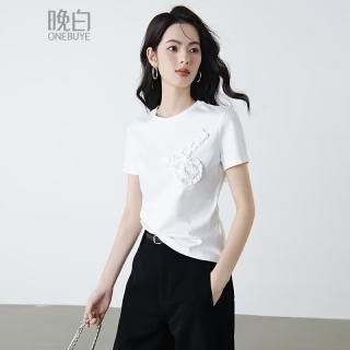 晚白 双层立体花边装饰圆领显瘦上衣