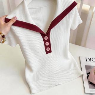 设计感小众撞色短袖t恤女2026夏季新款轻奢百搭女装显瘦针织上衣