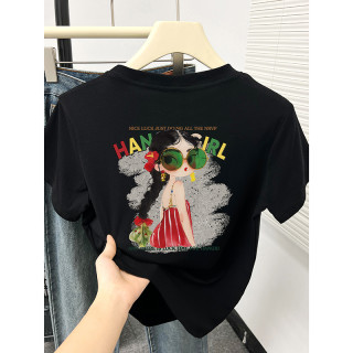 黑色正肩短袖t恤女夏季韩版设计感印花洋气大码胖mm半袖显瘦上衣