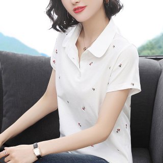 中年妈妈宽松POLO衫女士纯棉t恤夏季百搭白色翻领微胖加大码上衣