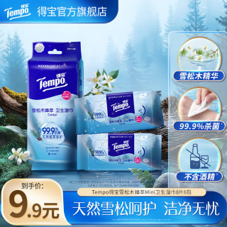 得宝 迷你雪松湿巾8片6包杀菌率99.9%湿纸巾便携装卫生湿巾清洁湿巾 雪松湿巾