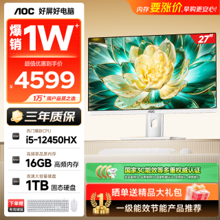 AOC 电脑一体机27英寸高清AI办公商用家用学习台式电脑机（12代酷睿I5-12450HX 16G 1TSSD  键鼠 WiFi)