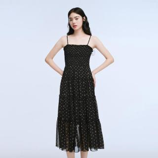 红袖 夏季女装波点字母印花打揽木耳边拼接中长吊带裙