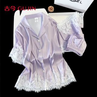 古今 轻奢高级感冰丝短袖短裤睡衣女夏季家居服质感可外穿蕾丝套装L