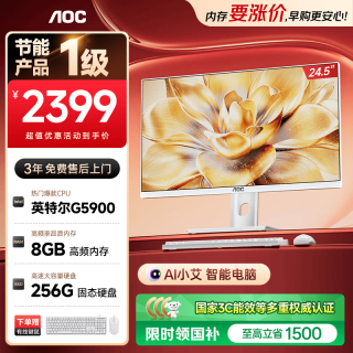 AOC 一体机电脑台式主机24.5英寸高清AI智能办公商用家用学习电脑(G5900 8G 256GSSD WiFi 键鼠)