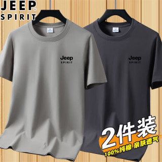 吉普 短袖t恤男士宽松夏季半袖衣服纯棉圆领体恤打底衫 DX卡其+铁灰（短袖） XL