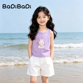 BADiBADi 儿童纯棉背心夏季男童女童宽松休闲撞色无袖T恤打底上衣 浅紫 鲜花兔兔 120
