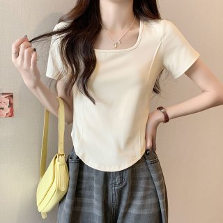 小婉薇  短款方领修身短袖t恤女早春女装纯欲辣妹设计感内搭上衣
