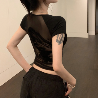 黑色U领辣妹性感短袖短款T恤夏季打底女款设计感显瘦修身短款上衣