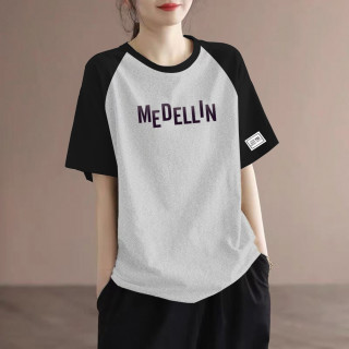 100%纯棉短袖t恤女士夏季新款大码宽松休闲减龄拼接撞色圆领上衣