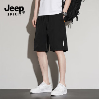 JEEP SPIRIT 休闲短裤男夏季冰丝五分裤子速干透气沙滩运动中裤 黑色 XL （105-120斤）