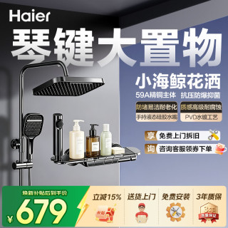 海尔 淋浴花洒套装精铜主体大置物平台钢琴按键家用淋浴器 四功能+精铜水路LD603 海尔售后免费安装