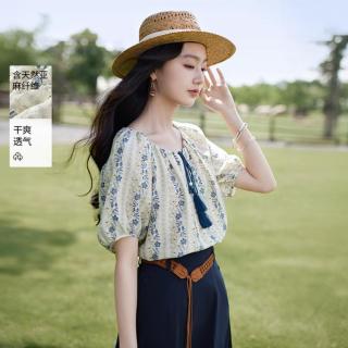香影 花卉刺绣亚麻宽松泡泡袖女士衬衫