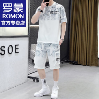 罗蒙 渐变短袖t恤男士春夏季新款休闲运动套装宽松半袖男T上衣服男装 灰色套装
