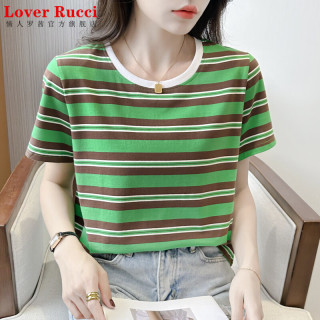 LOVER RUCCI 正肩条纹纯棉圆领短袖t恤女宽松2026年新款爆款夏季洋气体恤上衣 绿色 M