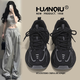 环球 黑色老爹鞋女2026夏季新款透气不闷脚工作鞋女厚底增高运动鞋