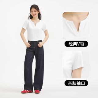 热风 女士V领短袖T恤 04白色 L