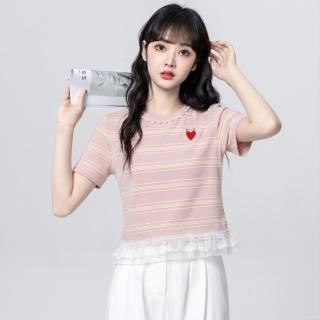 I.T CHOCOOLATE钉珠设计蕾丝拼接夏季条纹短袖t恤别致上衣