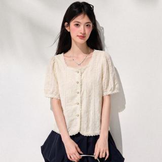 I.T CHOCOOLATE法式高级感方领绣花短袖衬衫温柔甜美女上衣