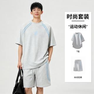 MMOPTOP 夏季透气青少年潮流撞色条纹T恤休闲短裤百搭套装