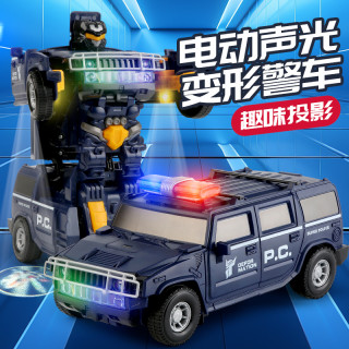 电动炫酷变形机器人万向警车男孩玩具3益智4小孩子音乐声光玩具车