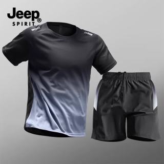 JEEP SPIRIT 吉普运动套装男冰丝速干衣t恤跑步短袖短裤夏季羽毛球训练服 黑灰套装 XL