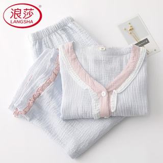 浪莎 清新减龄花边睡衣女水洗纯棉纱夏季短袖七分裤装薄款家居睡眠服套 浅蓝 M (90-110斤)