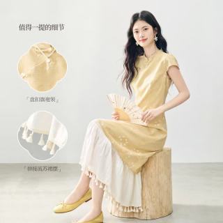 熙世界 国风假两件短袖连衣裙女夏装高级感绣花新中式改良旗袍裙子