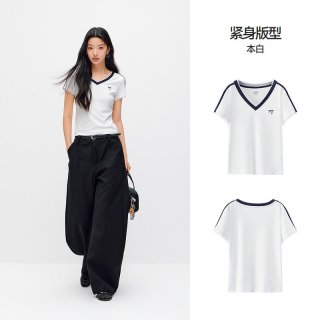 森马 凉感T|商场同款森马短袖T恤女夏短款蕾丝V领紧身撞色2026新款上衣
