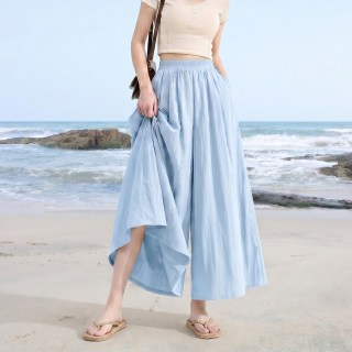 班尼路 蓝色凉感a字山本裤裙女2026夏季新款高腰垂感阔腿休闲裤子H