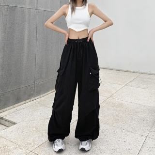 燠阳 美式复古工装休闲裤女夏季百搭直筒垂感束脚长裤宽松阔腿裤子DM amj-黑色 XL