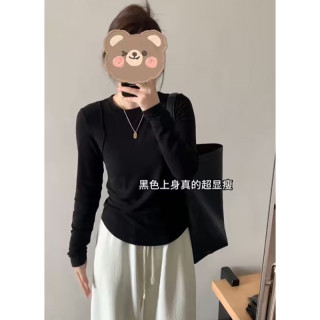 特大码200斤欧货简约纯色圆领打底衫女秋弧形下摆遮肚显瘦长袖t恤