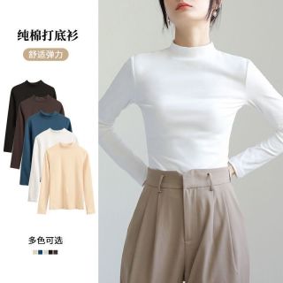 浪莎 白色小立领打底衫女半高领秋冬长袖t恤修身加绒加厚内搭上衣