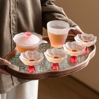 茉舟 粉色玻璃功夫茶具套装女士家用耐热精致盖碗公杯茶杯2025新款 水晶琉璃莲花系列7件套 无规格