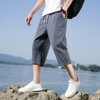 月伊纺 夏季新款棉麻休闲裤男士亚麻裤潮流百搭100%纯棉七分裤青年直筒裤