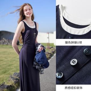 PLUS会员：香影 假两件u领吊带连衣裙女2026秋季新款针织无袖中长款掐腰裙子