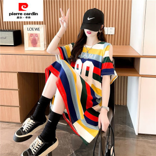 皮尔·卡丹 皮尔卡丹（pierre cardin）大码胖mm小心机露肩彩色条纹短袖T恤女夏季宽松中长款体恤裙