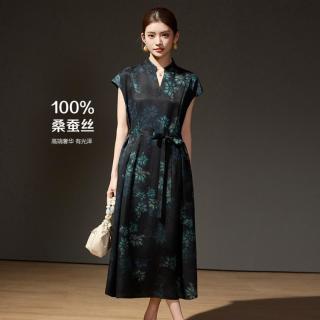 杭依阁 国风复古提花23姆米连衣裙100%桑蚕丝26夏季系带设计长裙