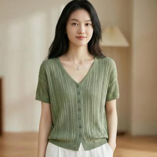 马克华菲 女装100%莱赛尔天丝镂空开衫V领T恤衫时尚针织衫