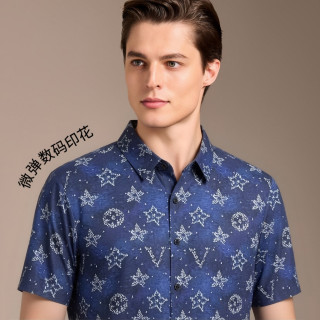 宾卡雷萨3020夏季桑蚕丝百搭短袖衬衫亚麻休闲轻奢新款修身印花