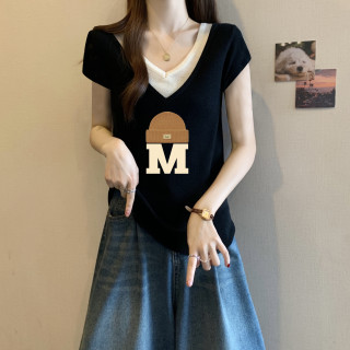 大码黑色假两件正肩短袖T恤女夏季胖mm遮肚显瘦v领宽松棉上衣