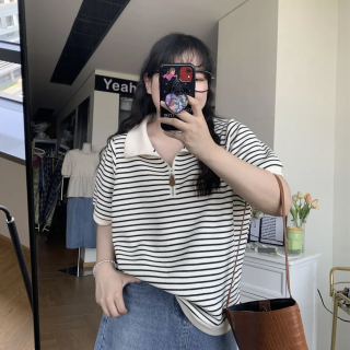 大码女装polo衫条纹正肩T恤夏季胖mm减龄翻领宽松显瘦短袖上衣